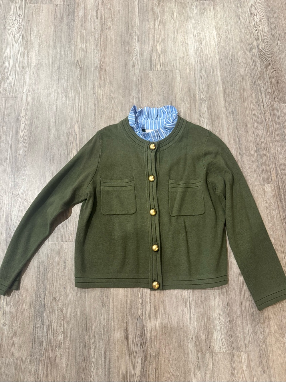 Free Assembly Olive Green Women's Button-Front Knit Jacket with pop of shirt